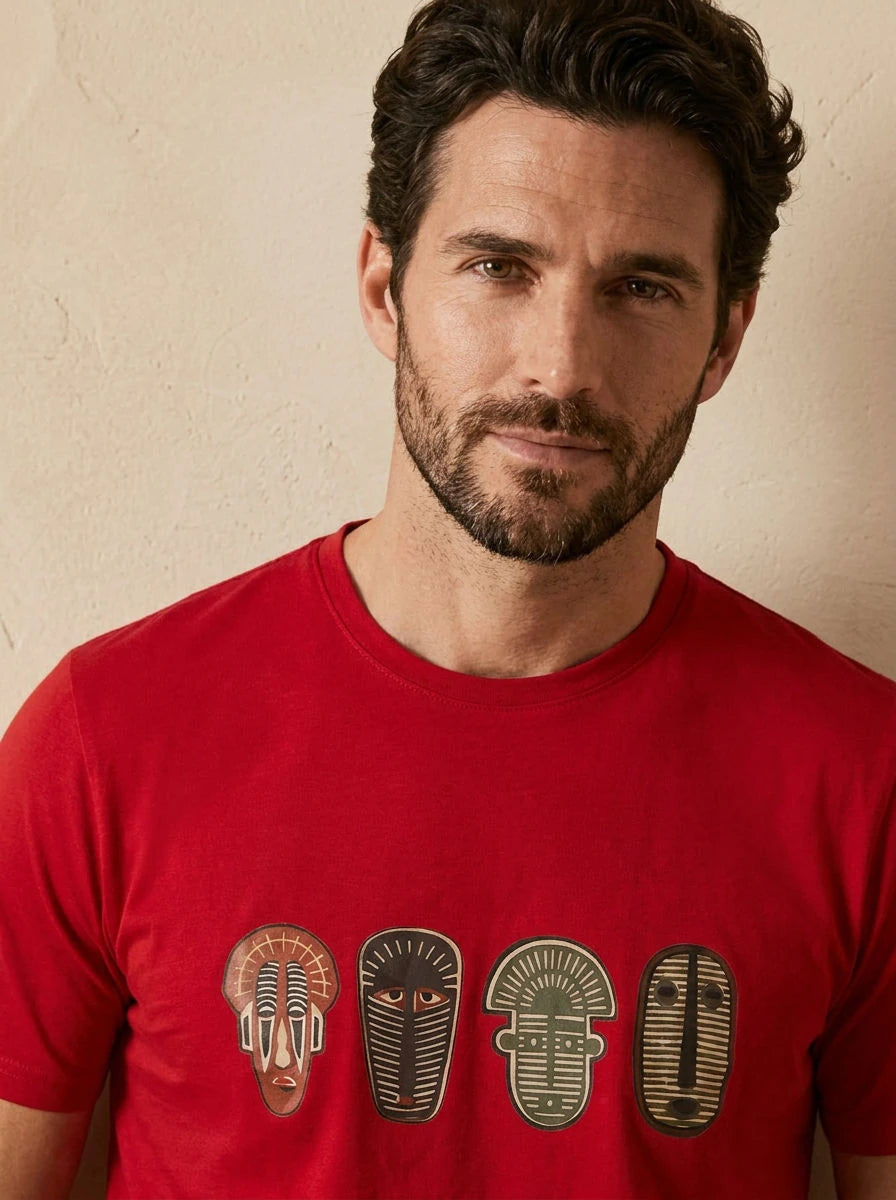 Graphic Print T-Shirt Red African Masks - detail