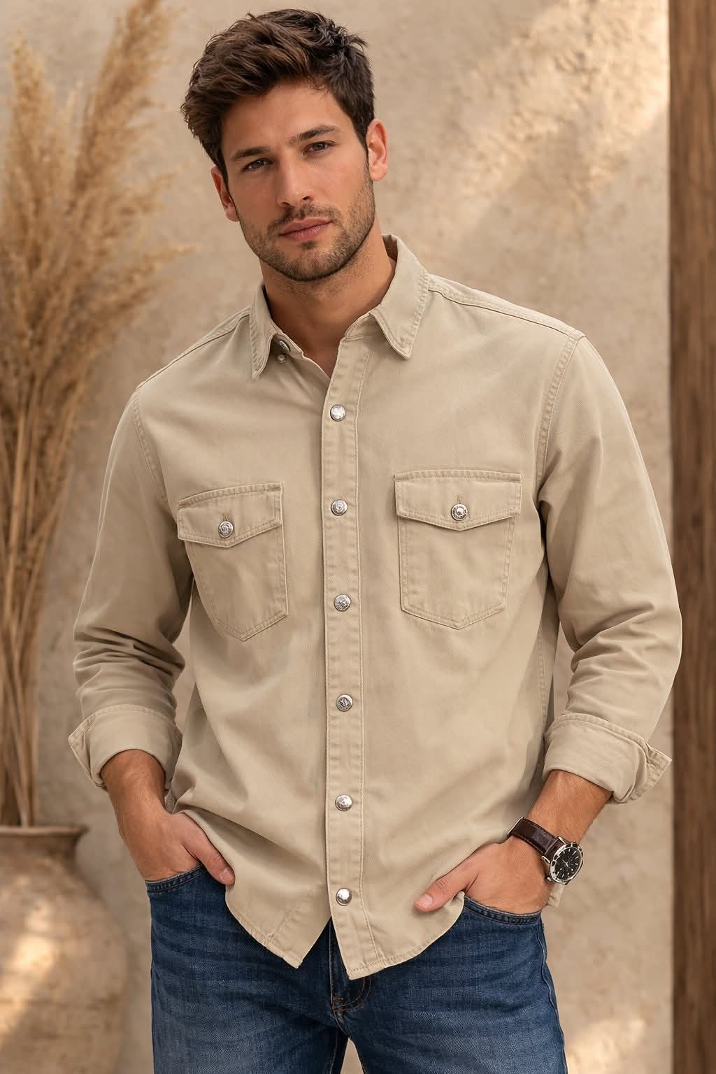 Denim Utility Shirt - Beige