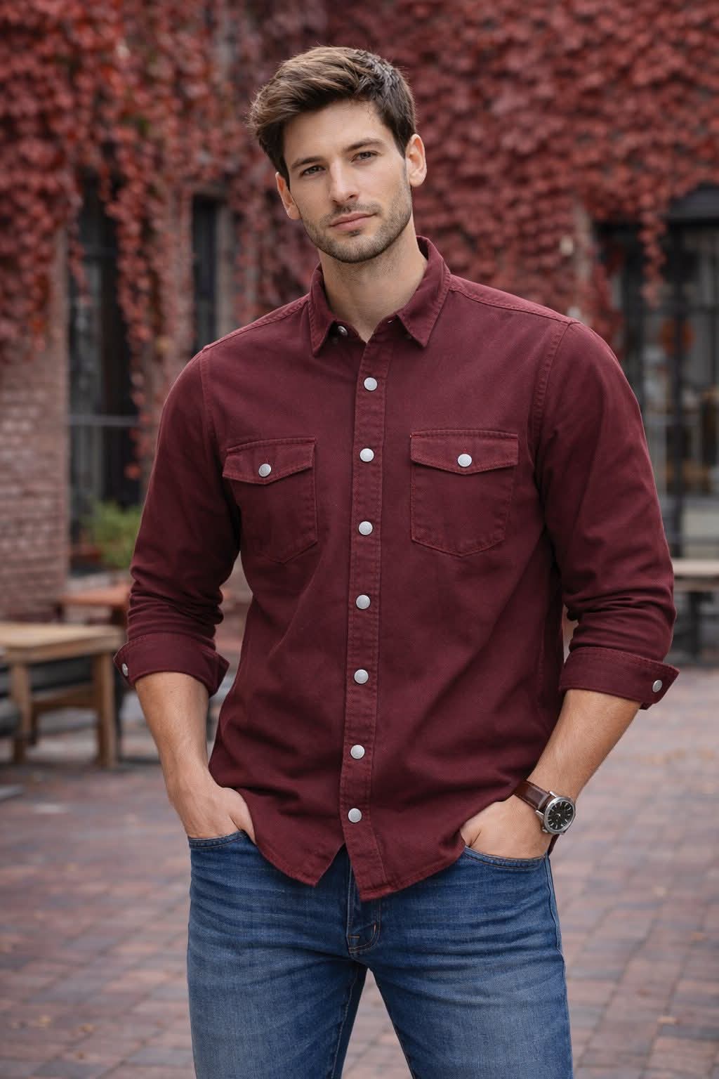 Denim Utility Shirt - Burgundy