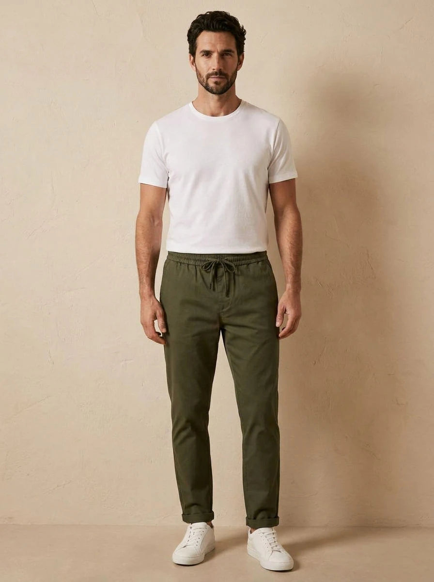 Gabardine Drawstring Trousers Dark Olive - front