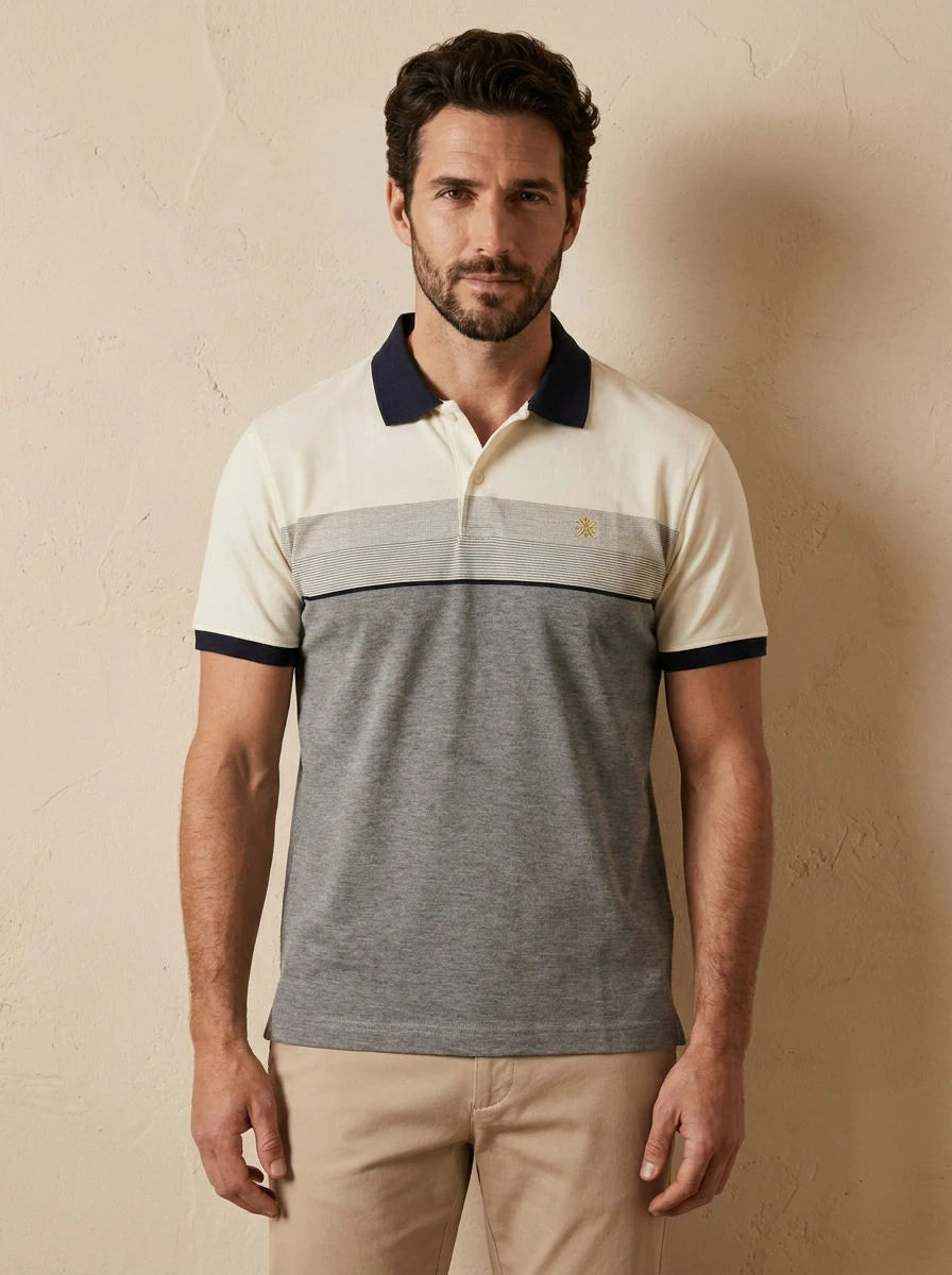 Striped Panel Polo White & Grey - front