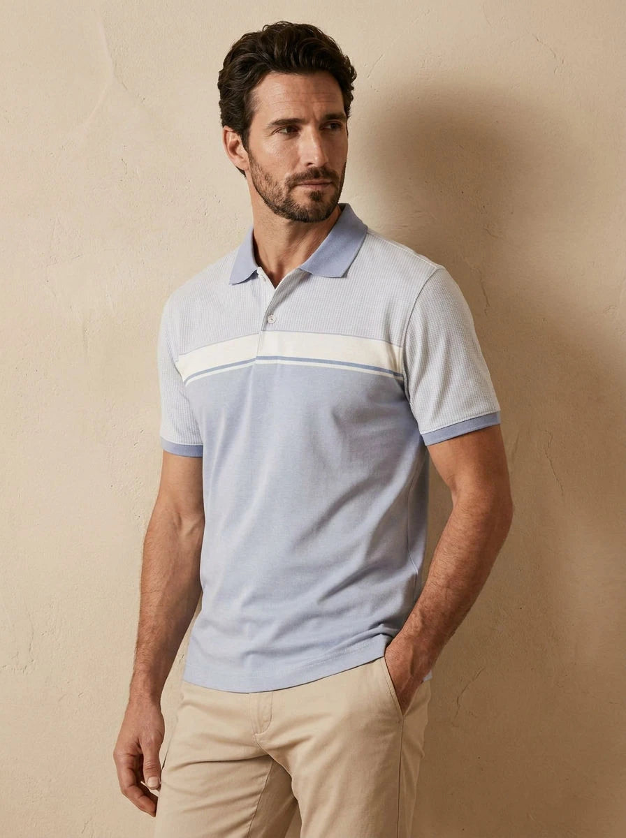 Striped Panel Polo Light Blue - three quarter