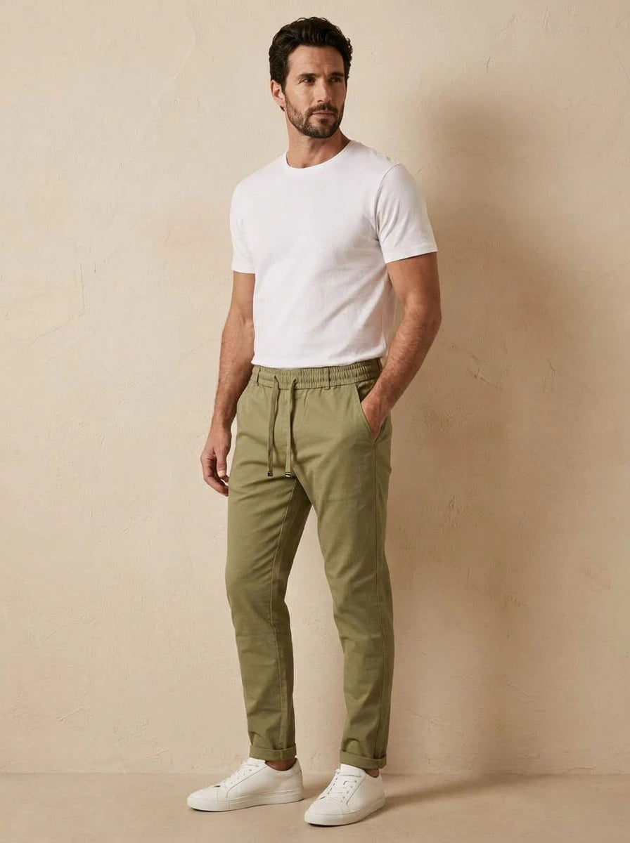 Gabardine Drawstring Trousers Sage - three quarter