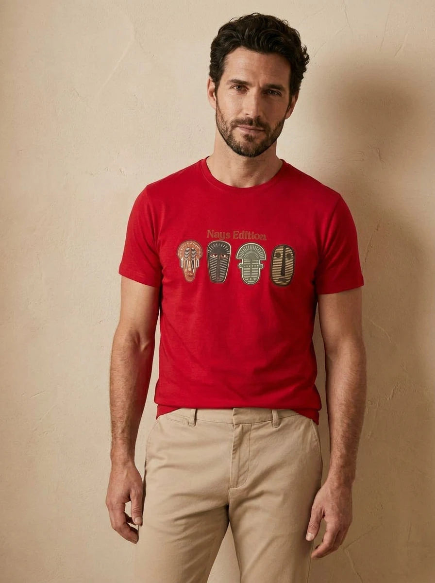 Graphic Print T-Shirt Red African Masks - front