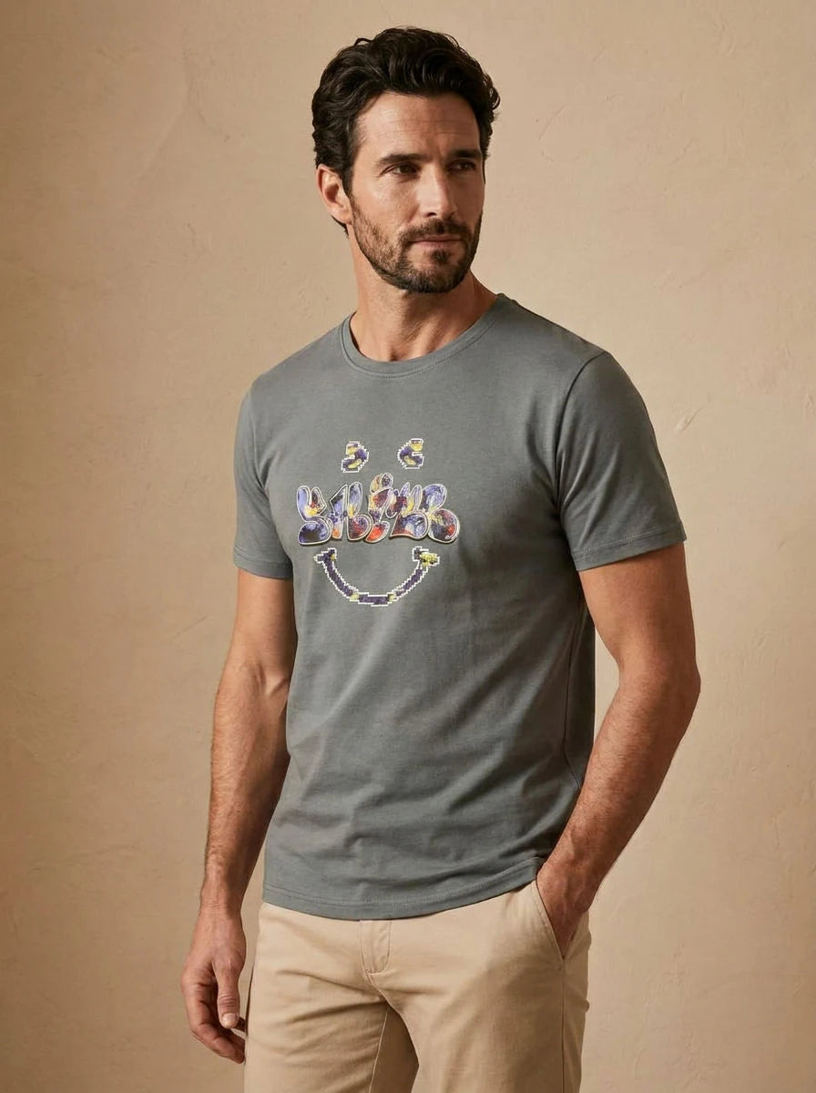 Graphic Print T-Shirt Sage Graffiti Smiley - three quarter