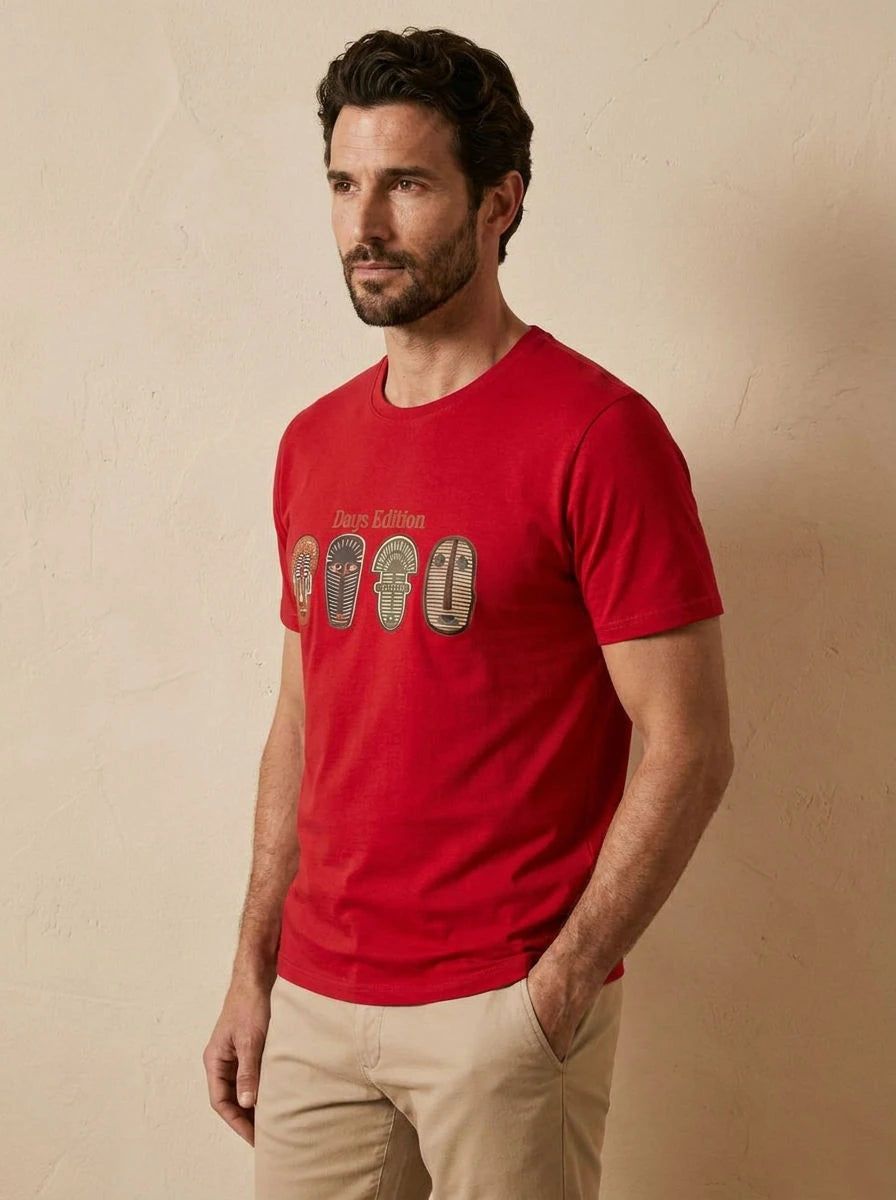 Graphic Print T-Shirt Red African Masks - three quarter