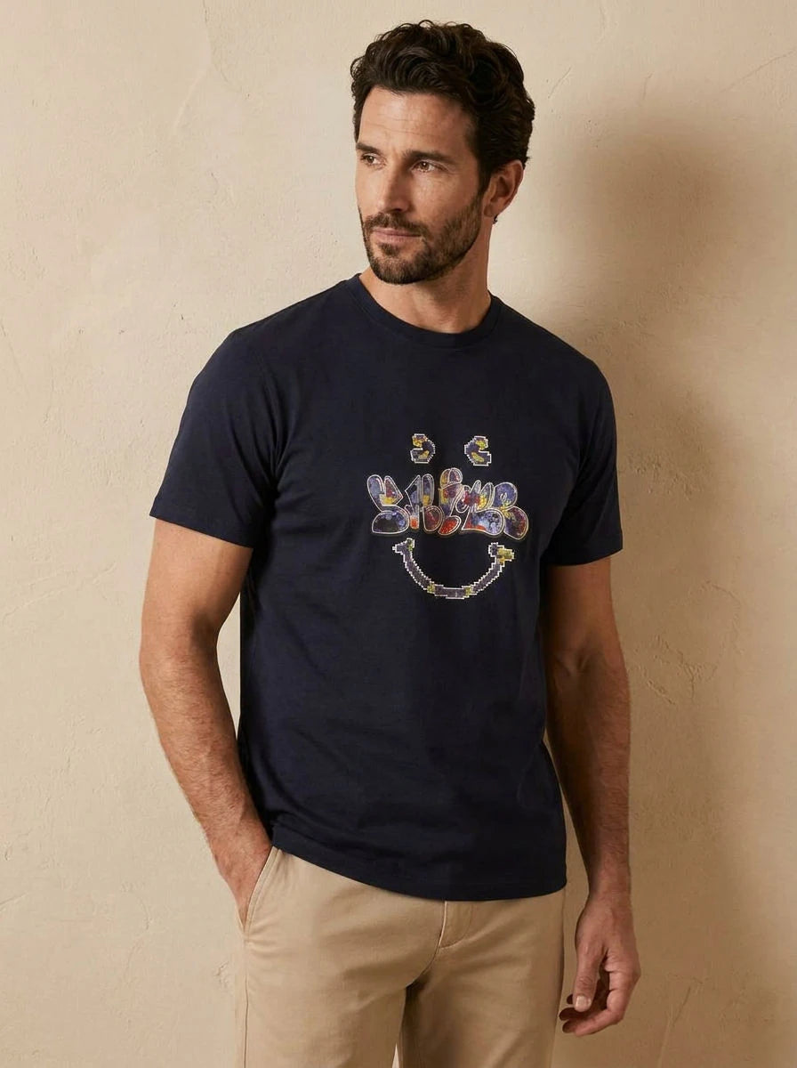 Graphic Print T-Shirt Navy Graffiti Smiley - three quarter
