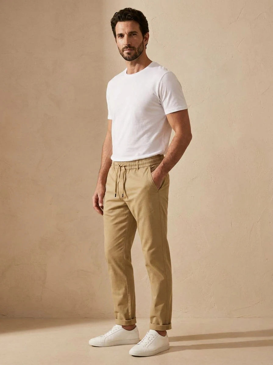 Gabardine Drawstring Trousers Beige - three quarter