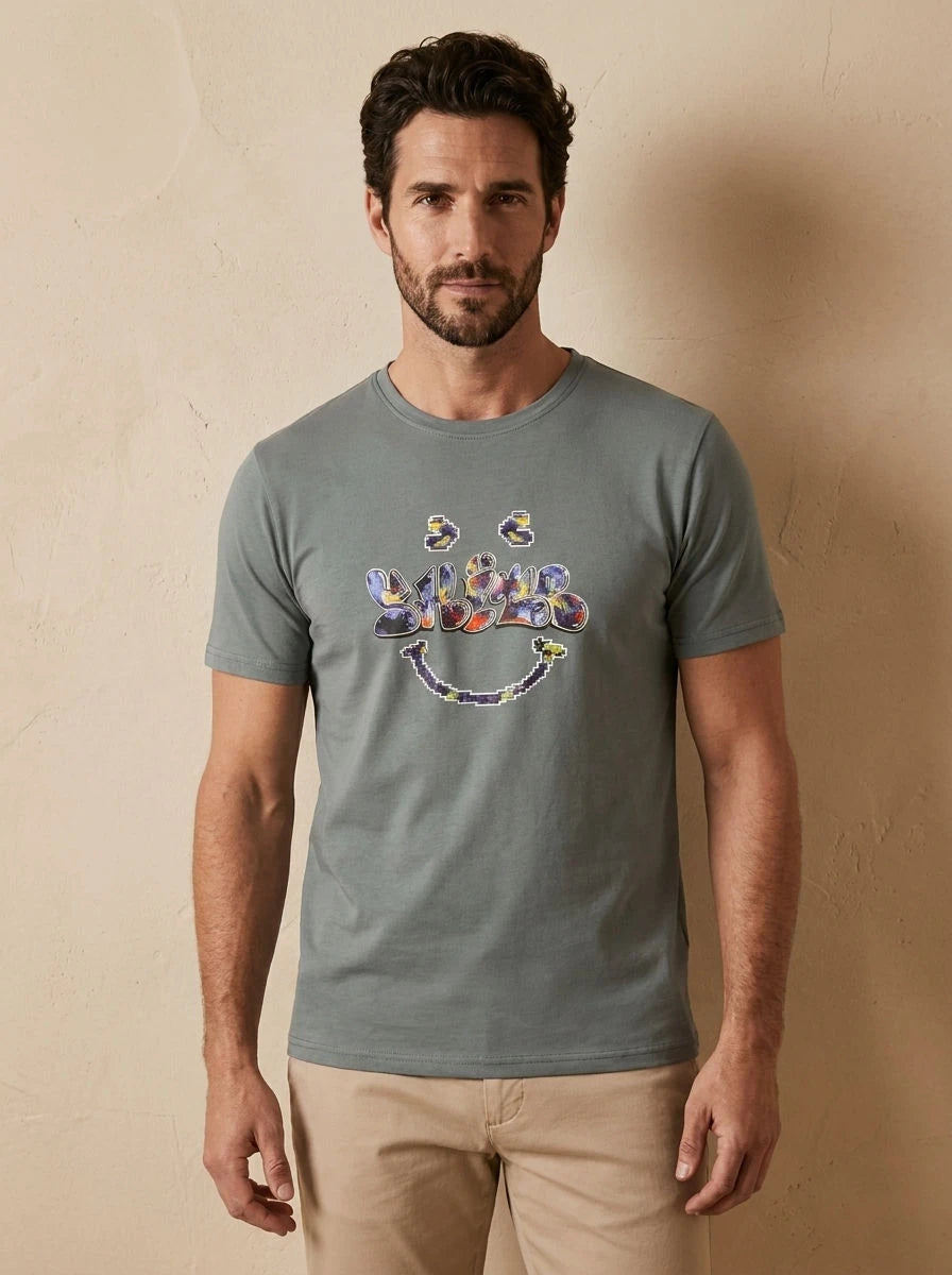 Graphic Print T-Shirt Sage Graffiti Smiley - front
