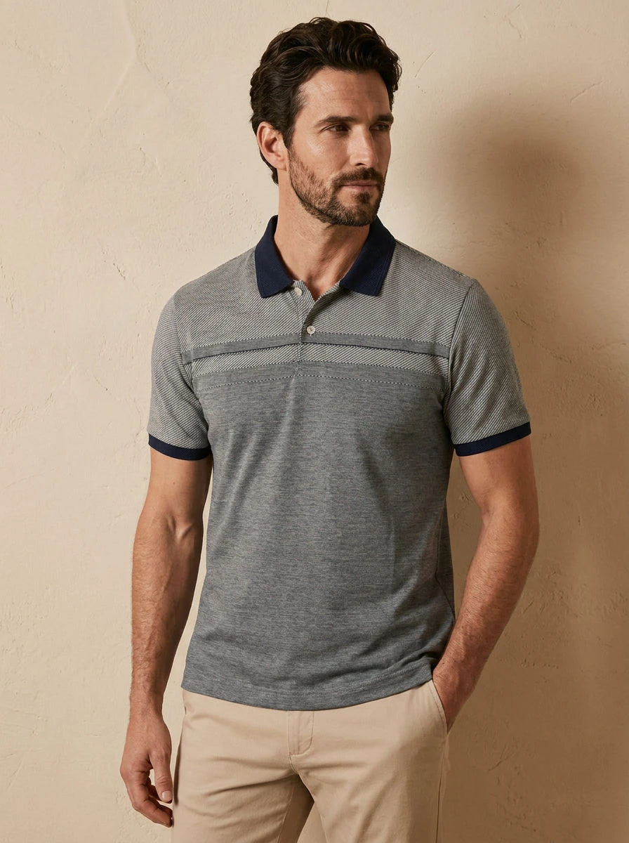 Textured Polo Grey & Navy - three quarter