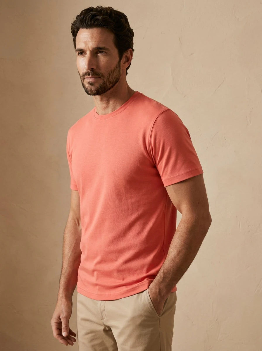 Crew Neck T-Shirt Coral - three quarter