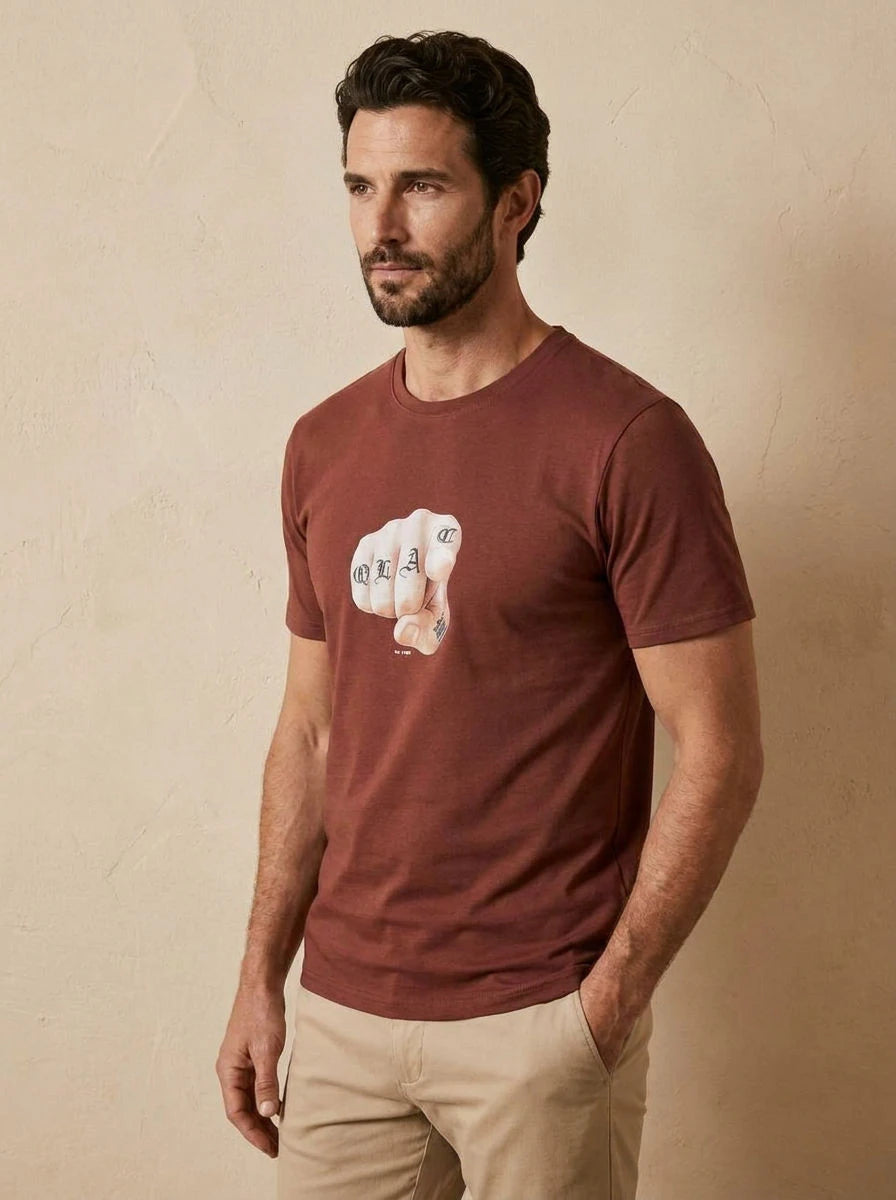 Graphic Print T-Shirt Maroon Fist - three quarter