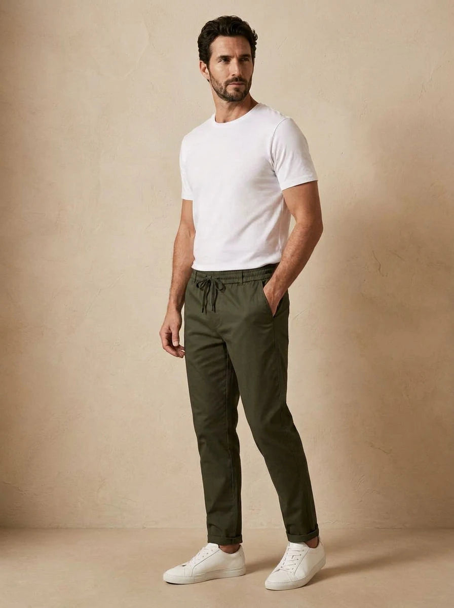 Gabardine Drawstring Trousers Dark Olive - three quarter