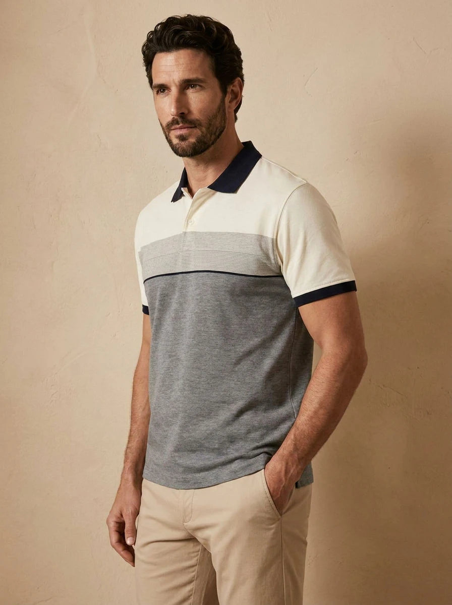 Striped Panel Polo White & Grey - three quarter