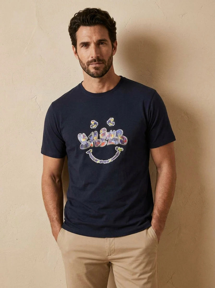 Graphic Print T-Shirt Navy Graffiti Smiley - front