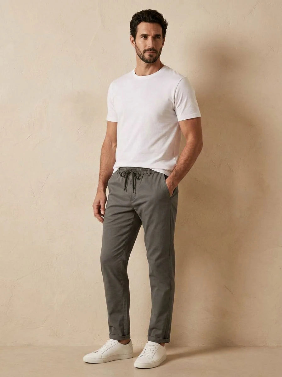 Gabardine Drawstring Trousers Olive - three quarter