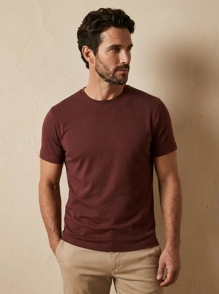 Crew Neck T-Shirt Maroon - three quarter