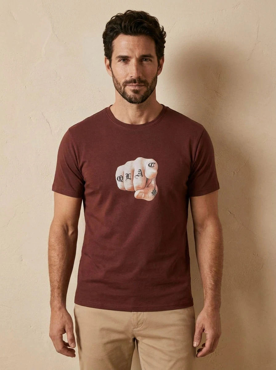 Graphic Print T-Shirt Maroon Fist - front
