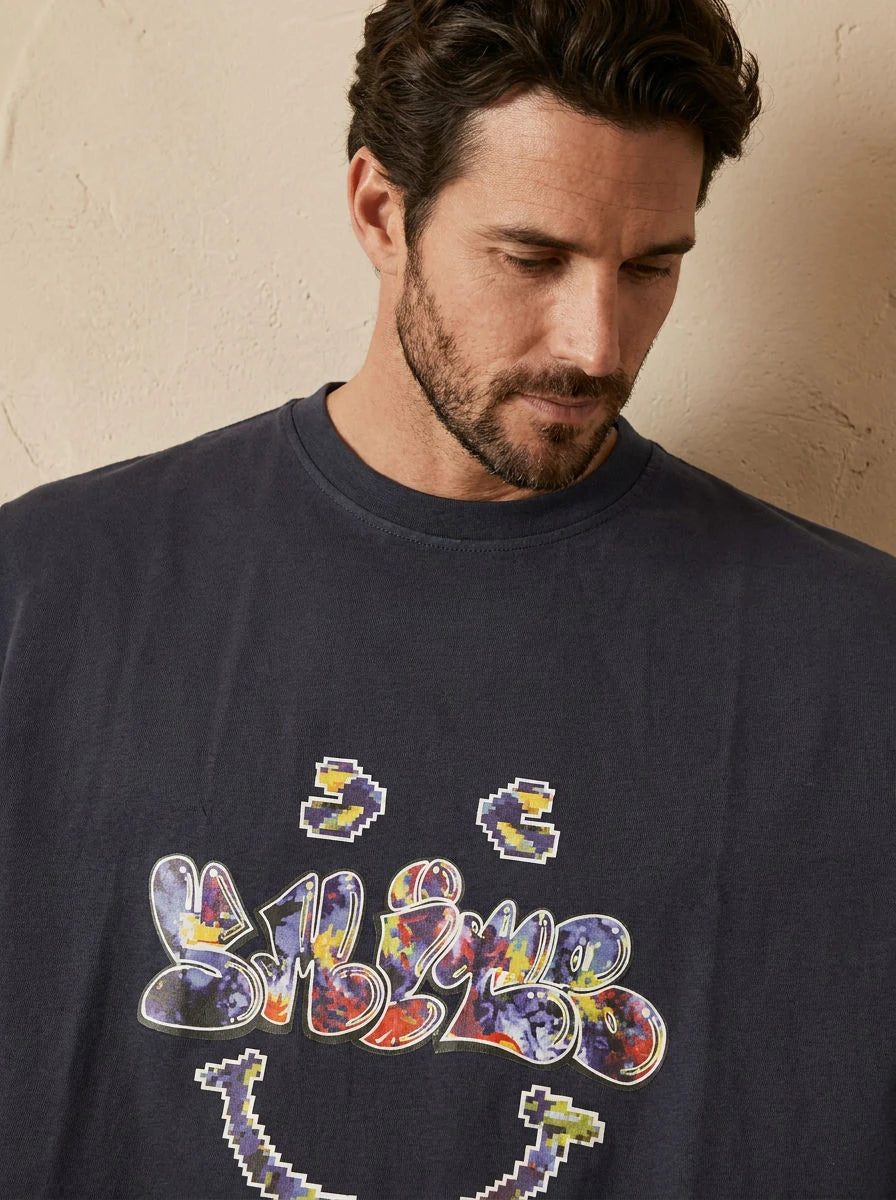Graphic Print T-Shirt Navy Graffiti Smiley - detail